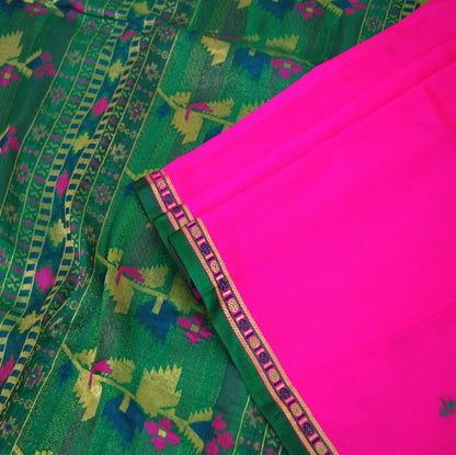 Vintage Green & Pink Hand Woven Saree 100% Pure Silk Indian Sari Metallic Golden Zari 5Yard Floral Design