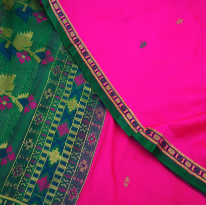 Vintage Green & Pink Hand Woven Saree 100% Pure Silk Indian Sari Metallic Golden Zari 5Yard Floral Design