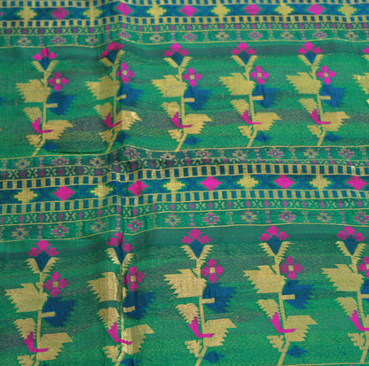 Vintage Green & Pink Hand Woven Saree 100% Pure Silk Indian Sari Metallic Golden Zari 5Yard Floral Design