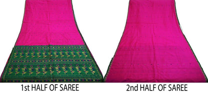 Vintage Green & Pink Hand Woven Saree 100% Pure Silk Indian Sari Metallic Golden Zari 5Yard Floral Design