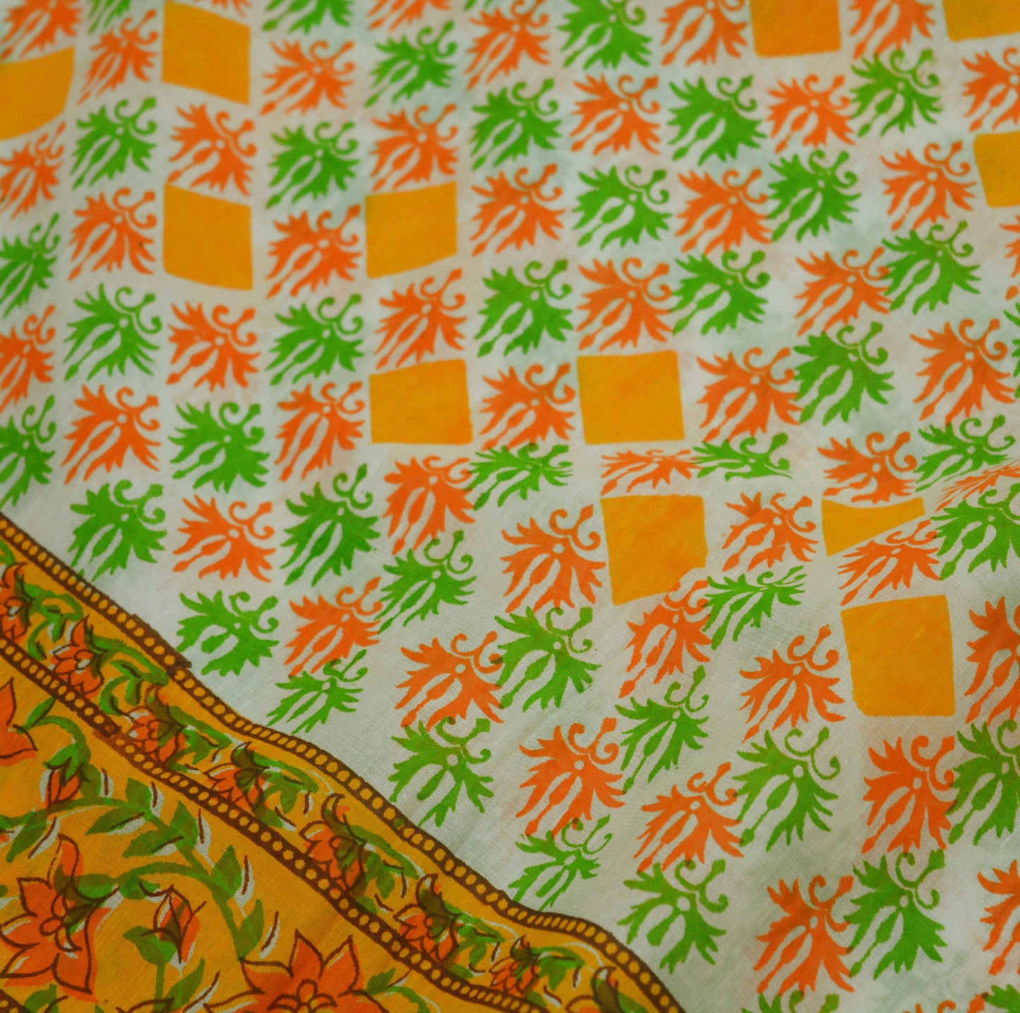 Indian Vintage Sari Orange & White Printed Pure Cotton Saree Craft Soft Fabric 5Yard Sewing Sarong Wrap Boho Floral