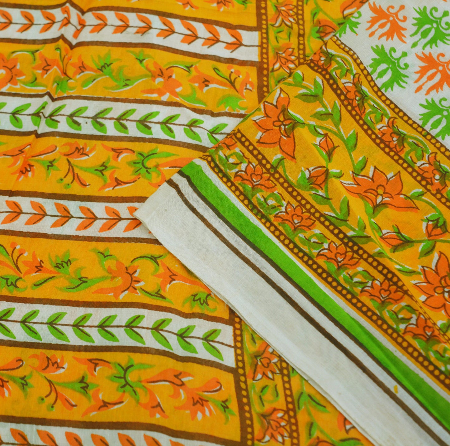 Indian Vintage Sari Orange & White Printed Pure Cotton Saree Craft Soft Fabric 5Yard Sewing Sarong Wrap Boho Floral