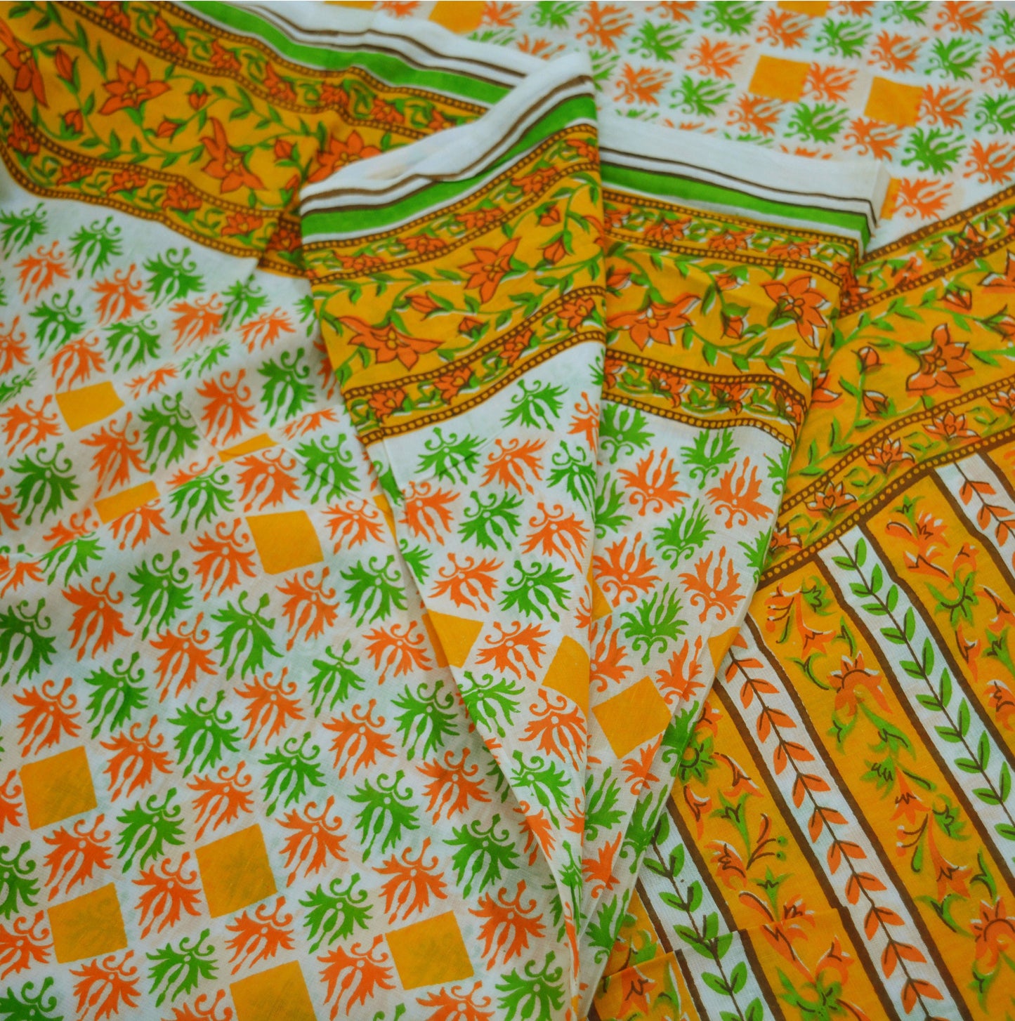 Indian Vintage Sari Orange & White Printed Pure Cotton Saree Craft Soft Fabric 5Yard Sewing Sarong Wrap Boho Floral