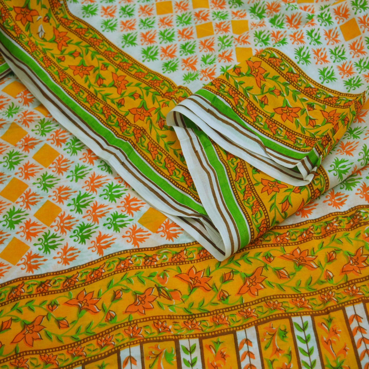 Indian Vintage Sari Orange & White Printed Pure Cotton Saree Craft Soft Fabric 5Yard Sewing Sarong Wrap Boho Floral