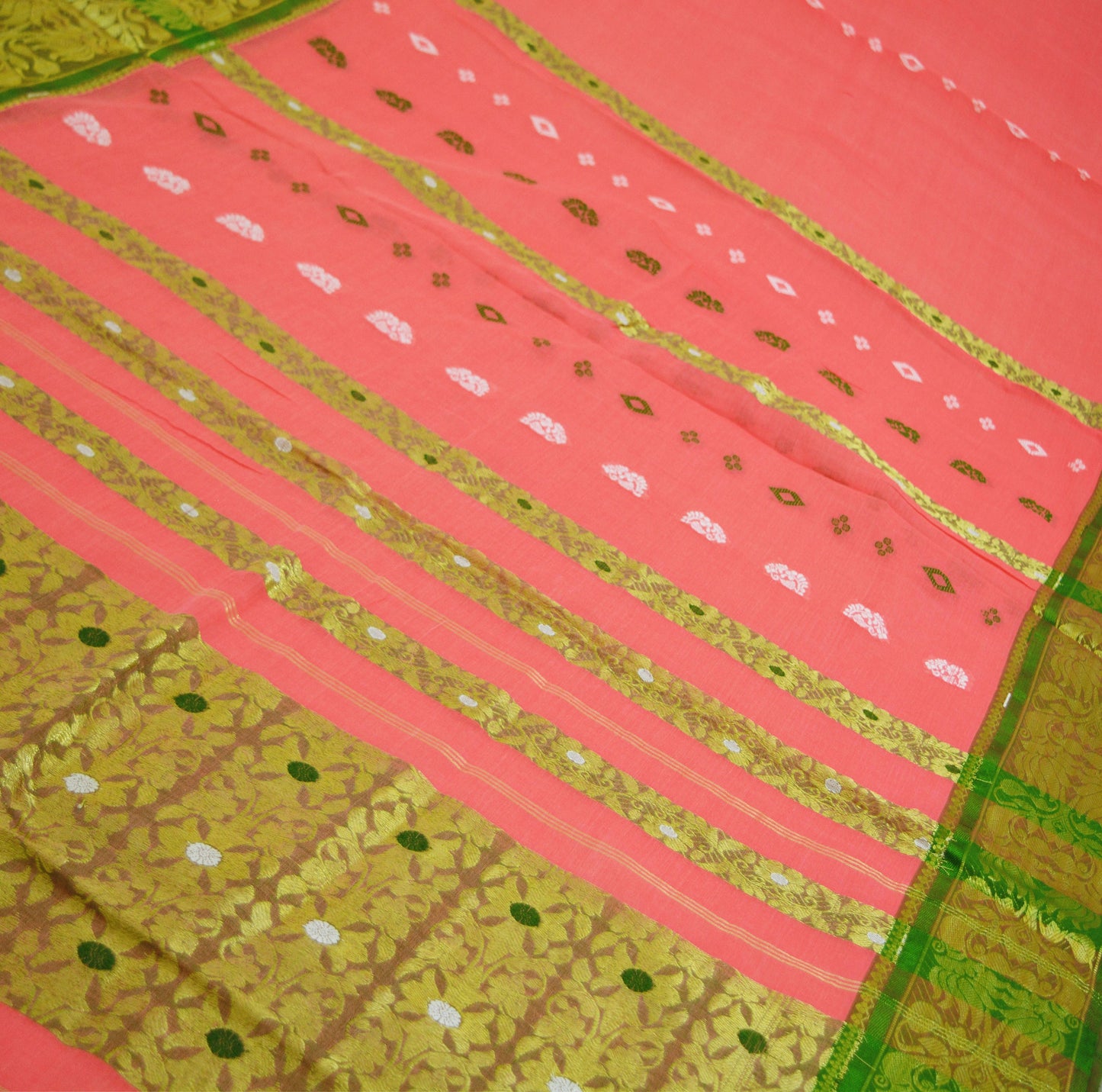 Vintage Sari Peach Pure Cotton Hand Woven Saree Zari 5Yard Soft Floral Ethnic Fringes