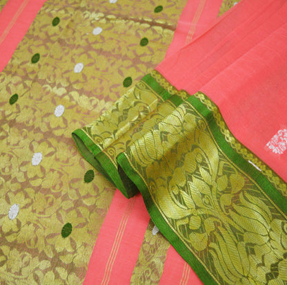 Vintage Sari Peach Pure Cotton Hand Woven Saree Zari 5Yard Soft Floral Ethnic Fringes