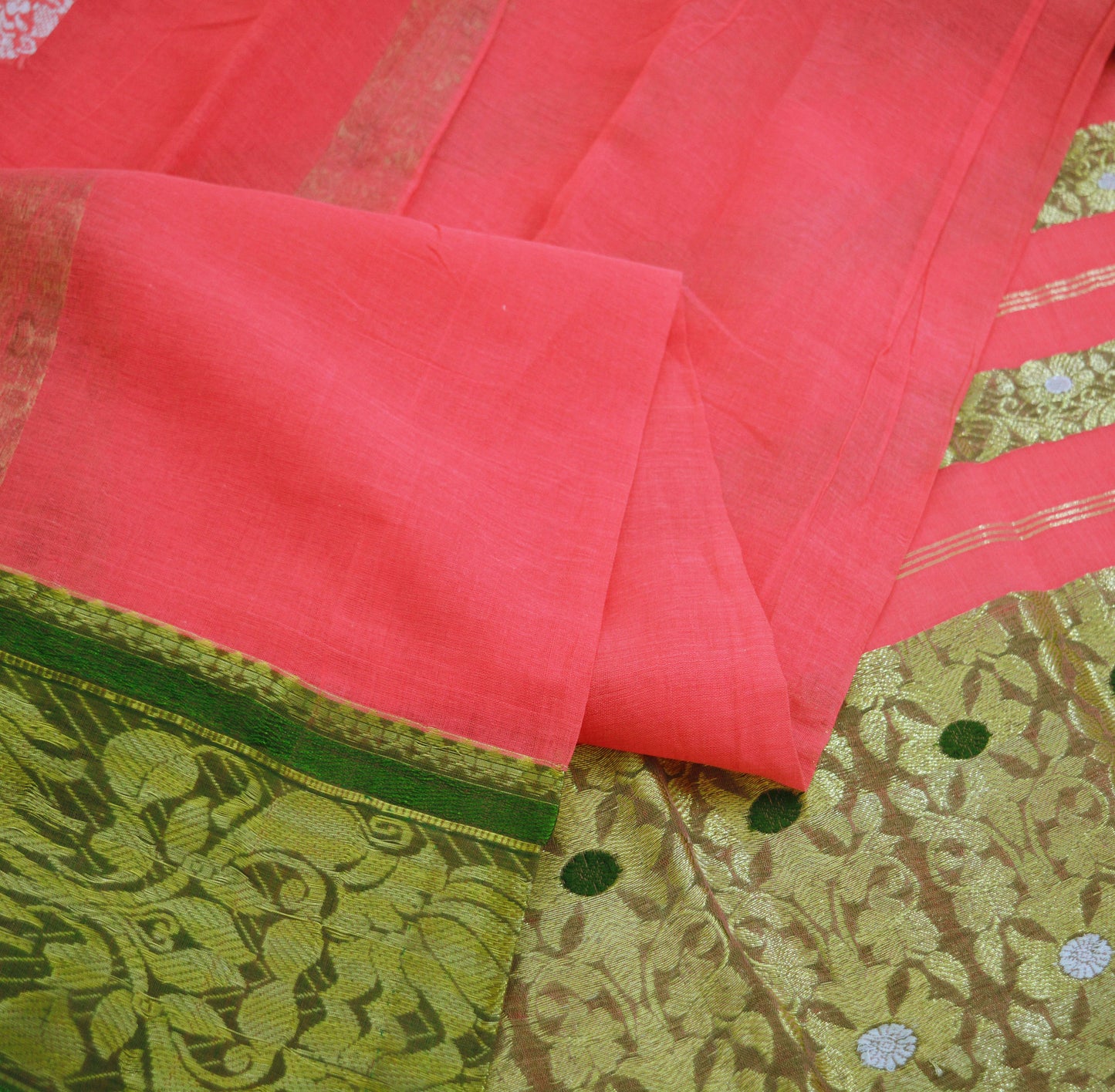 Vintage Sari Peach Pure Cotton Hand Woven Saree Zari 5Yard Soft Floral Ethnic Fringes