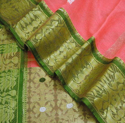 Vintage Sari Peach Pure Cotton Hand Woven Saree Zari 5Yard Soft Floral Ethnic Fringes