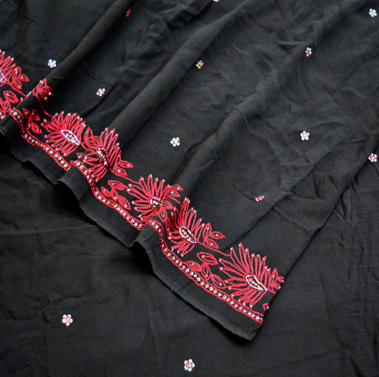 Indian Vintage Sari Black Pure Georgette Silk Hand Embroidered Saree Fabric 5Yard Sewing Soft Ethnic