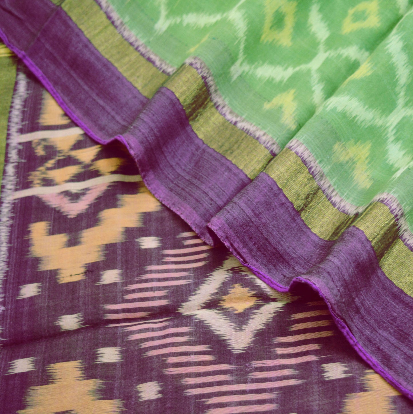 Vintage Green & Purple Hand woven Sambalpuri Ikat Saree Pure Silk Indian Sari Fabric 5Yd Ethnic Chackra Border Indian Sari