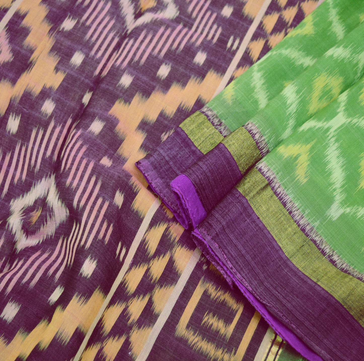 Vintage Green & Purple Hand woven Sambalpuri Ikat Saree Pure Silk Indian Sari Fabric 5Yd Ethnic Chackra Border Indian Sari