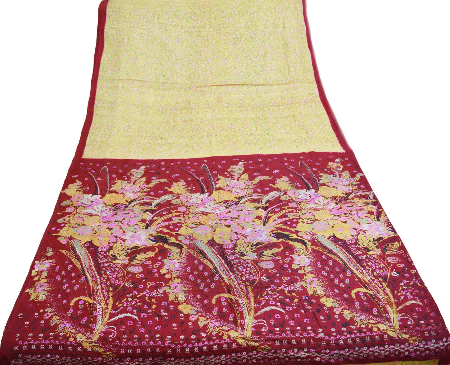 Indian Vintage Sari Maroon & Yellow Pure Silk Printed Saree 5yd Sewing Craft Fabric DressMaking Soft