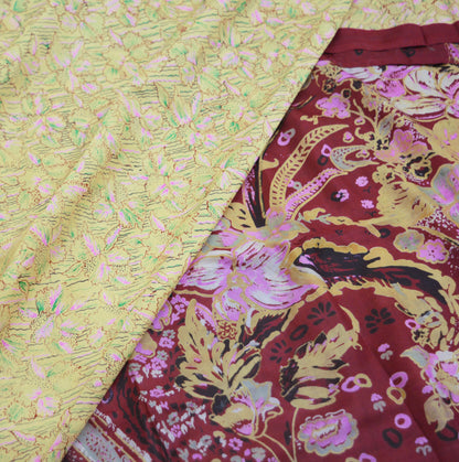 Indian Vintage Sari Maroon & Yellow Pure Silk Printed Saree 5yd Sewing Craft Fabric DressMaking Soft