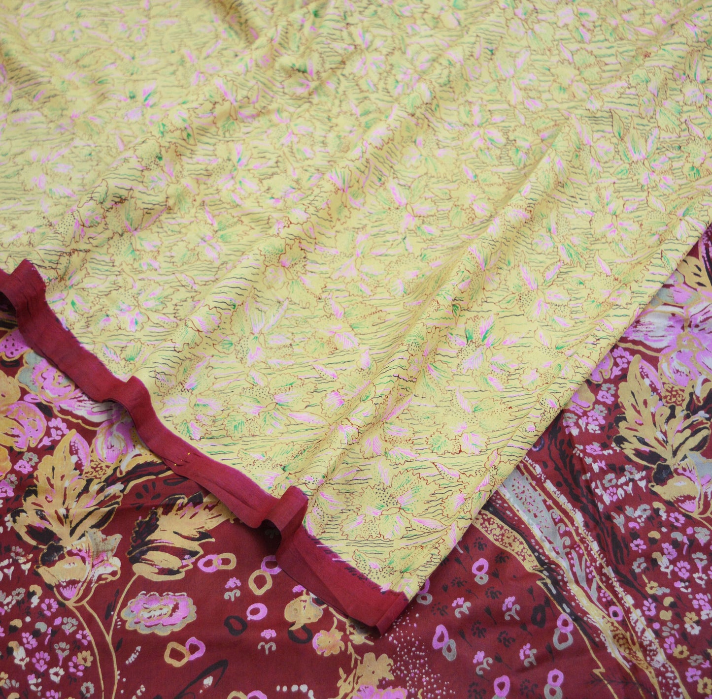 Indian Vintage Sari Maroon & Yellow Pure Silk Printed Saree 5yd Sewing Craft Fabric DressMaking Soft