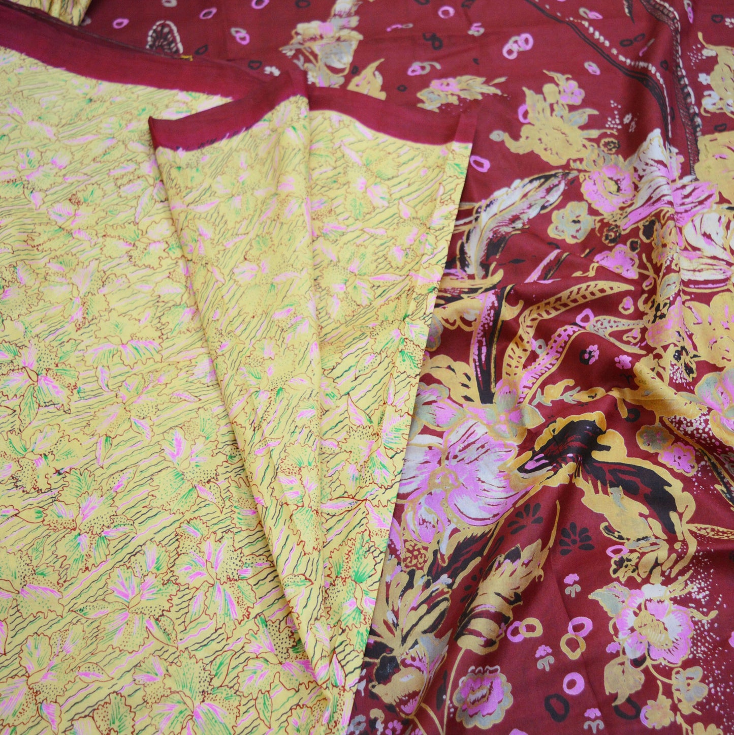 Indian Vintage Sari Maroon & Yellow Pure Silk Printed Saree 5yd Sewing Craft Fabric DressMaking Soft