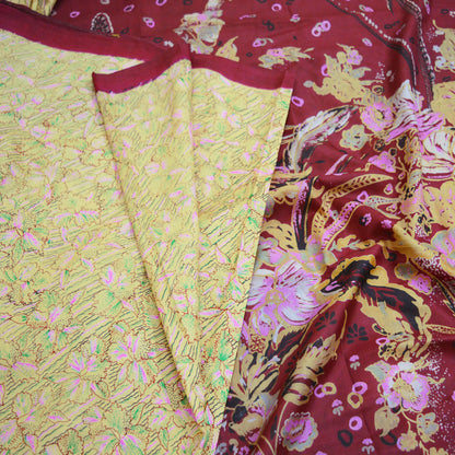 Indian Vintage Sari Maroon & Yellow Pure Silk Printed Saree 5yd Sewing Craft Fabric DressMaking Soft