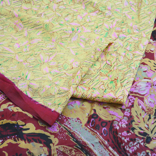 Indian Vintage Sari Maroon & Yellow Pure Silk Printed Saree 5yd Sewing Craft Fabric DressMaking Soft