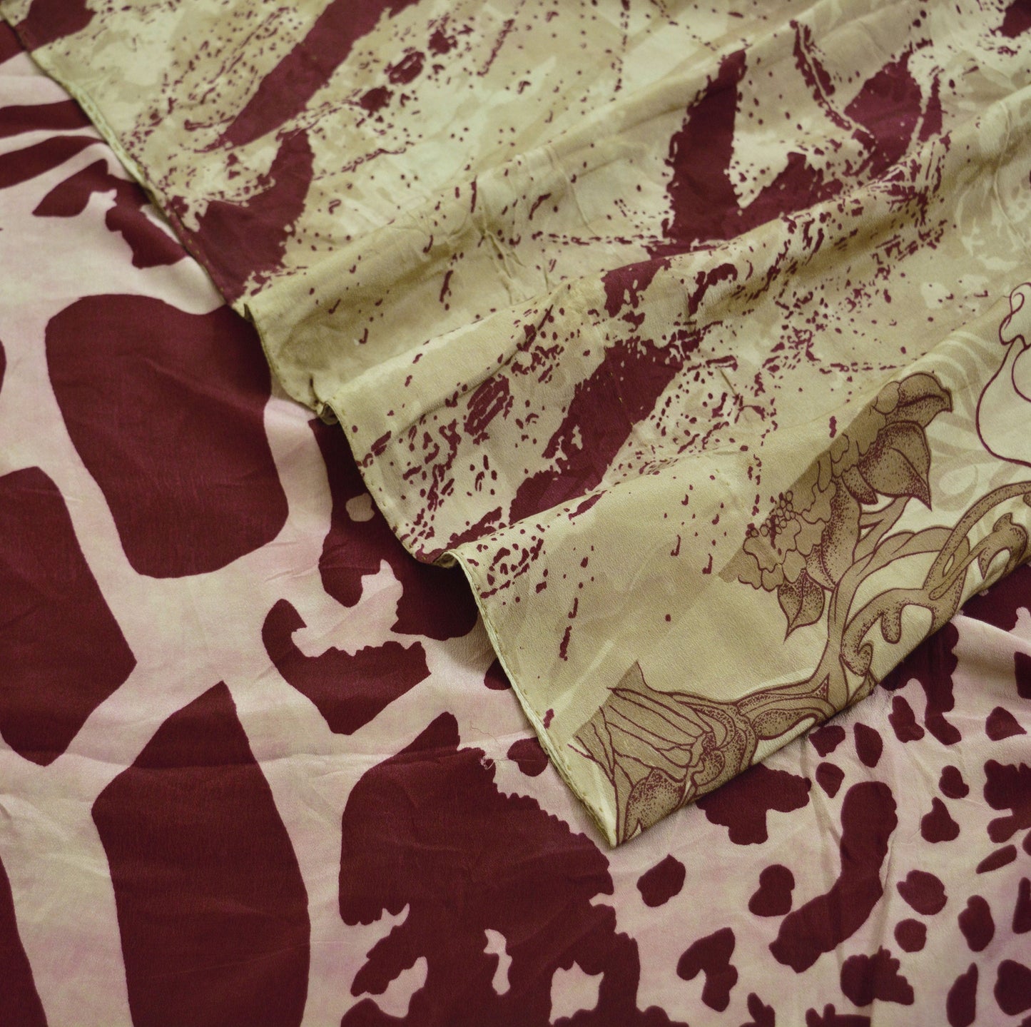 Indian Vintage Sari Brown & Maroon Pure Crepe Silk Printed Saree 5yard Sewing Abstract Soft Craft Fabric Wrap