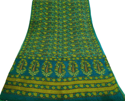 Indian Vintage Sari Green & Blue Pure Crepe Silk Printed Saree 5yard Sewing Floral Soft Craft Fabric Wrap