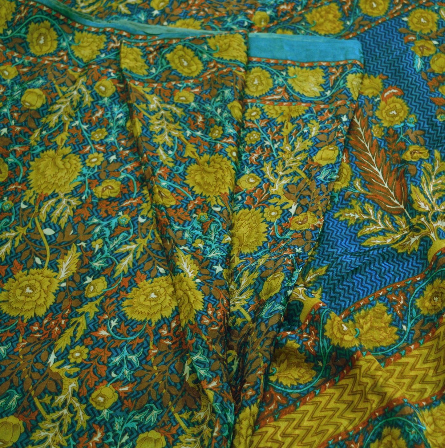 Indian Vintage Sari Green & Blue Pure Crepe Silk Printed Saree 5yard Sewing Floral Soft Craft Fabric Wrap