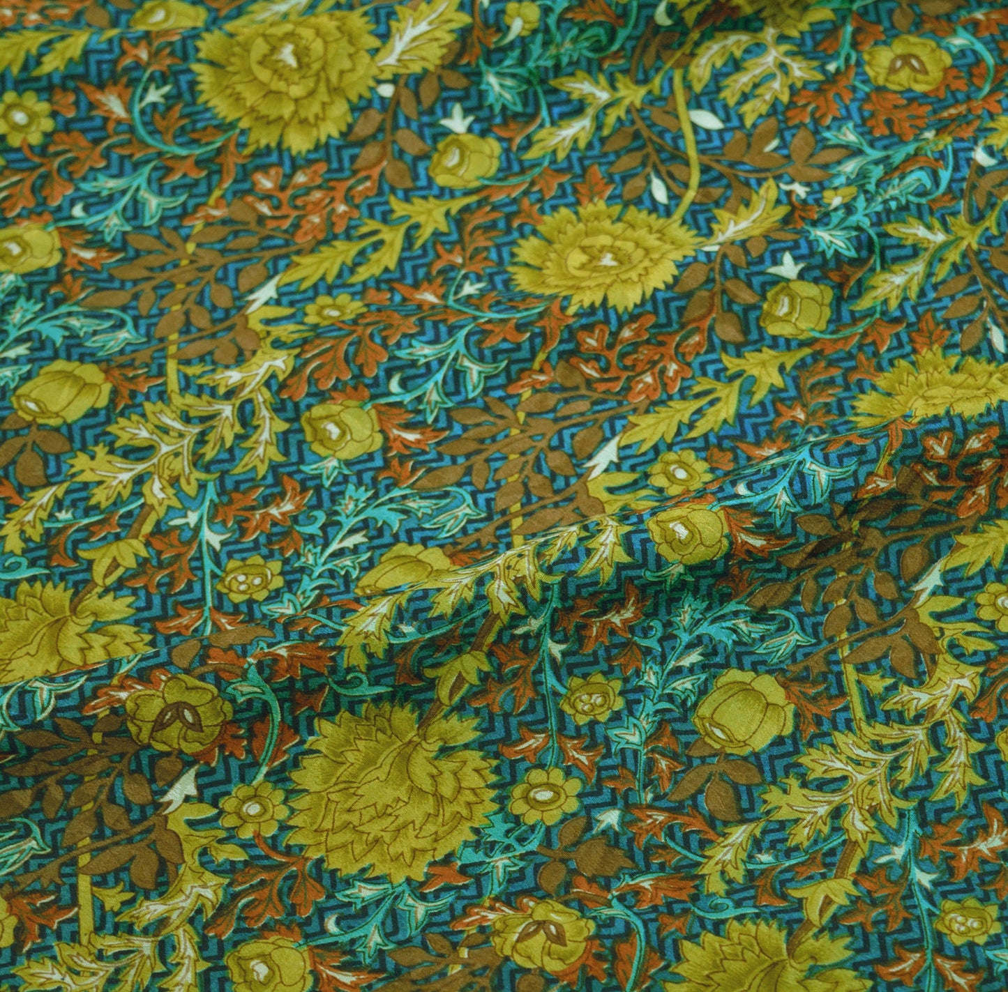 Indian Vintage Sari Green & Blue Pure Crepe Silk Printed Saree 5yard Sewing Floral Soft Craft Fabric Wrap