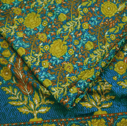 Indian Vintage Sari Green & Blue Pure Crepe Silk Printed Saree 5yard Sewing Floral Soft Craft Fabric Wrap