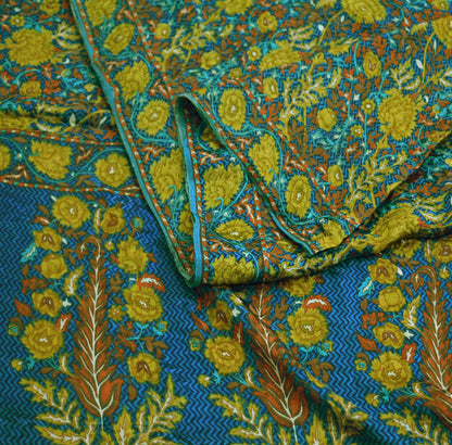 Indian Vintage Sari Green & Blue Pure Crepe Silk Printed Saree 5yard Sewing Floral Soft Craft Fabric Wrap