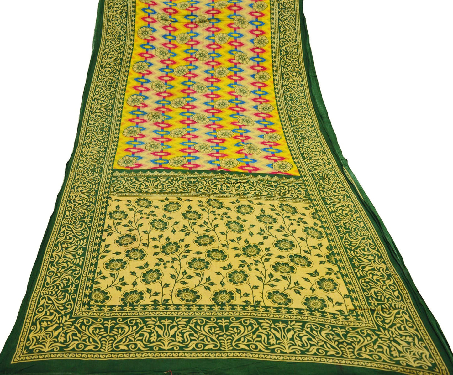 Indian Vintage Sari Green & Beige Printed 100% Pure Cotton Saree Craft Soft Fabric 5Yard Sewing Sarong Wrap Boho