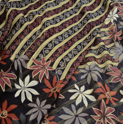 Indian Vintage Sari Black Pure Chiffon Silk hand Painted Saree Craft Fabric Sewing 5Yard Soft Light Sari Floral Dress Making