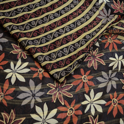 Indian Vintage Sari Black Pure Chiffon Silk hand Painted Saree Craft Fabric Sewing 5Yard Soft Light Sari Floral Dress Making