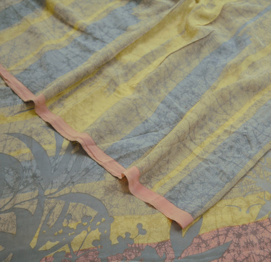 Indian Vintage Sari Peach & Gray Pure Crepe Silk Printed Saree 5yard Sewing Geometric Soft Craft Fabric Wrap