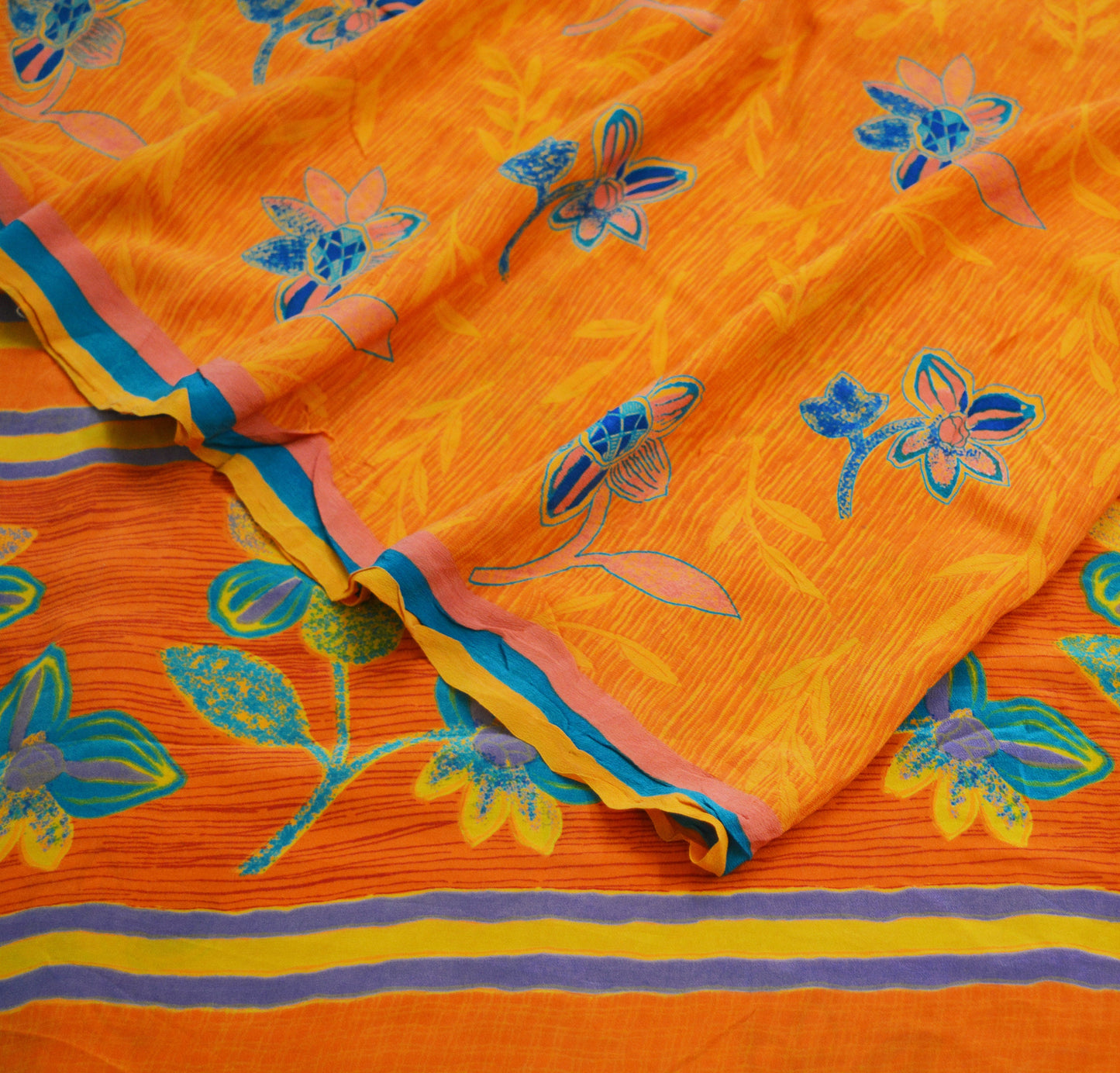 Indian Vintage Sari Orange Pure Crepe Silk Printed Saree 5yard Sewing Floral Soft Craft Fabric Wrap