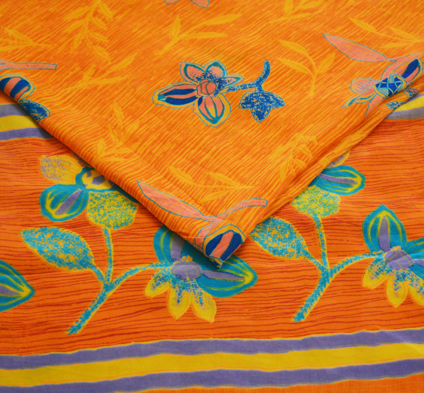 Indian Vintage Sari Orange Pure Crepe Silk Printed Saree 5yard Sewing Floral Soft Craft Fabric Wrap