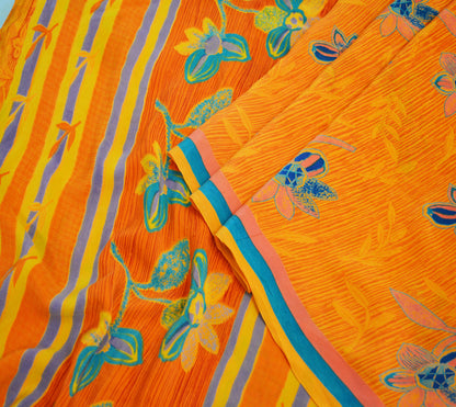 Indian Vintage Sari Orange Pure Crepe Silk Printed Saree 5yard Sewing Floral Soft Craft Fabric Wrap