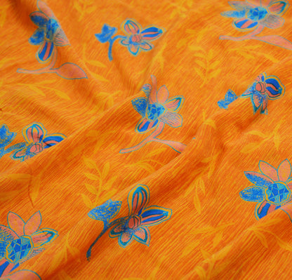 Indian Vintage Sari Orange Pure Crepe Silk Printed Saree 5yard Sewing Floral Soft Craft Fabric Wrap