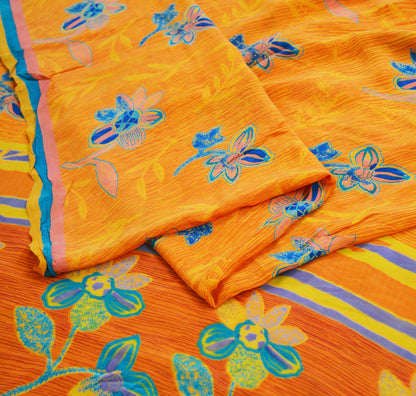 Indian Vintage Sari Orange Pure Crepe Silk Printed Saree 5yard Sewing Floral Soft Craft Fabric Wrap