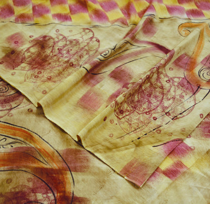 Indian Vintage Sari Beige Pure Crepe Silk Printed Saree 5yard Sewing Floral Soft Craft Fabric Wrap