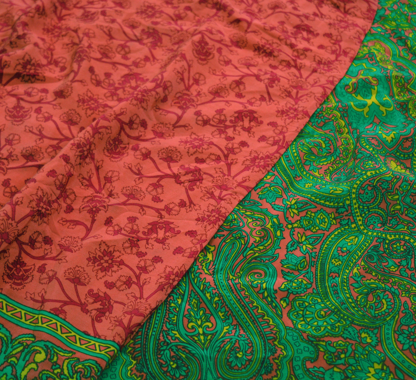 EXCELLENT QUALITY Indian Vintage Orange & Green Saree Pure Crepe Silk Printed Indian Sari Fabric 5yard Sewing Floral Soft Craft Fabric Wrap