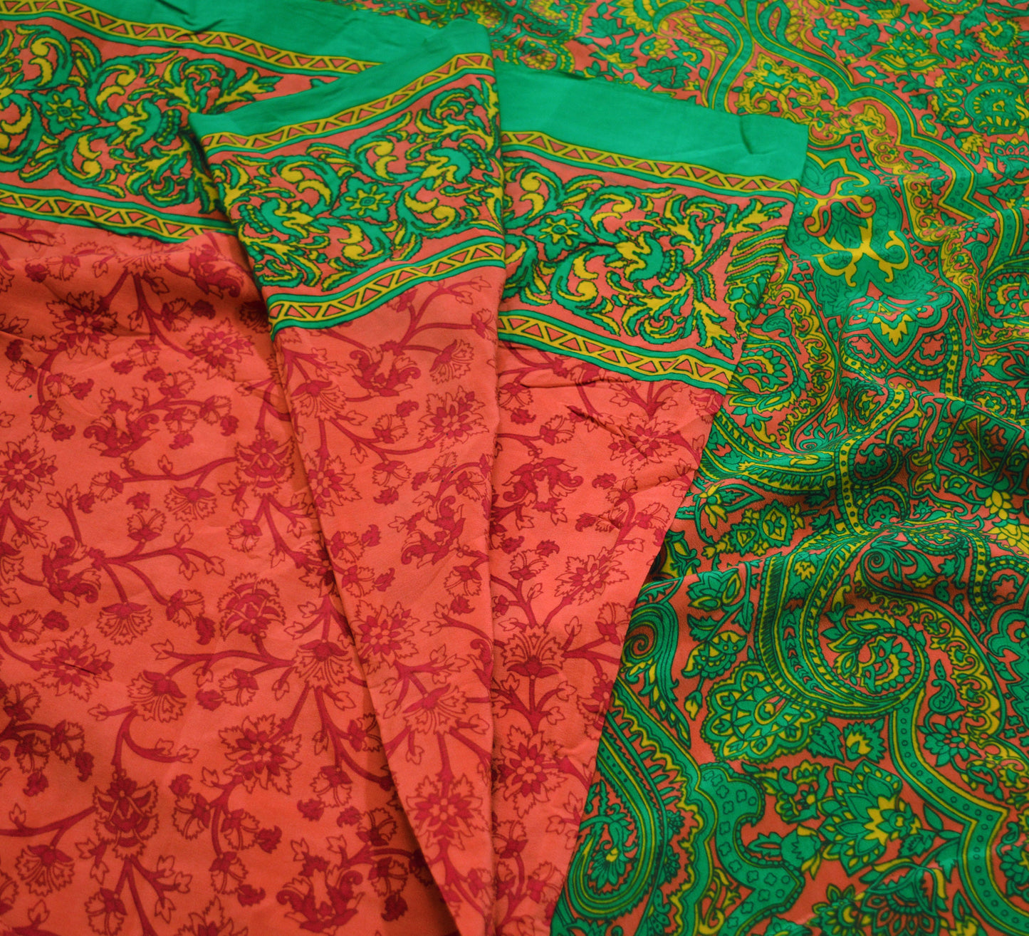 EXCELLENT QUALITY Indian Vintage Orange & Green Saree Pure Crepe Silk Printed Indian Sari Fabric 5yard Sewing Floral Soft Craft Fabric Wrap