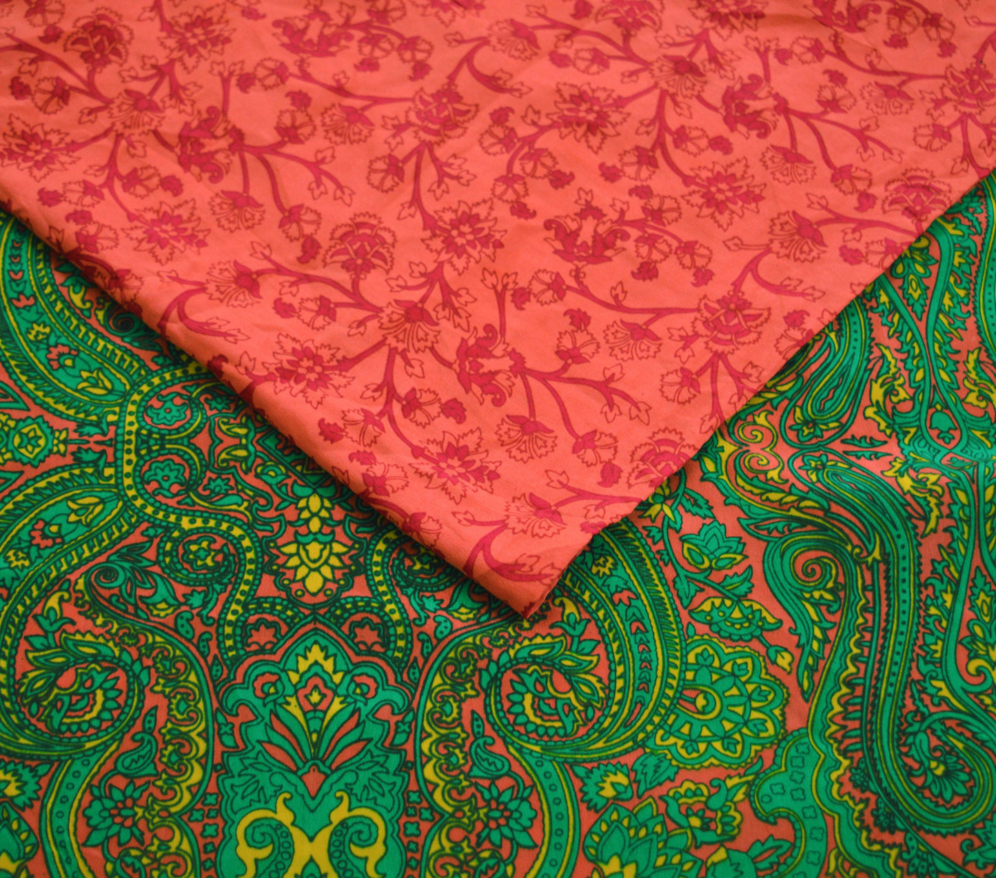 EXCELLENT QUALITY Indian Vintage Orange & Green Saree Pure Crepe Silk Printed Indian Sari Fabric 5yard Sewing Floral Soft Craft Fabric Wrap