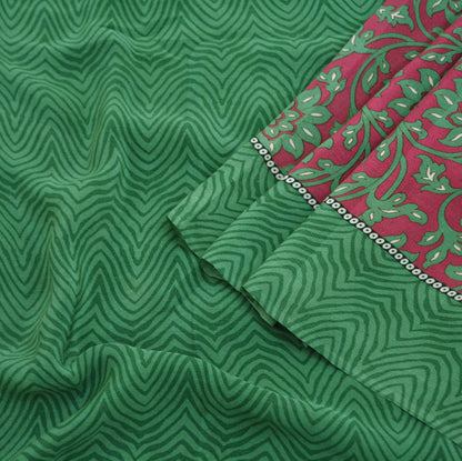 Indian Vintage Sari Maroon & Green Pure Crepe Silk Printed Saree 5yd Sewing Floral Soft Craft Fabric Ethnic Wrap
