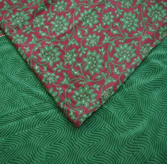 Indian Vintage Sari Maroon & Green Pure Crepe Silk Printed Saree 5yd Sewing Floral Soft Craft Fabric Ethnic Wrap