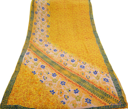 Indian Vintage Sari Mustard Pure Crepe Silk Printed Saree 5yard Sewing Floral Soft Craft Fabric Wrap