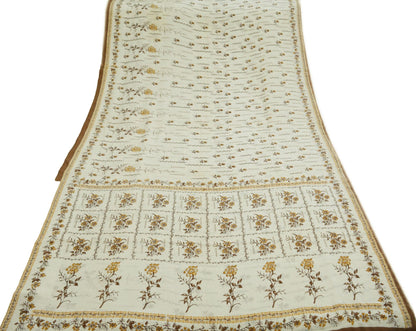 Indian Vintage Sari Ivory Pure Crepe Silk Printed Saree 6yard Sewing Floral Soft Craft Fabric Wrap