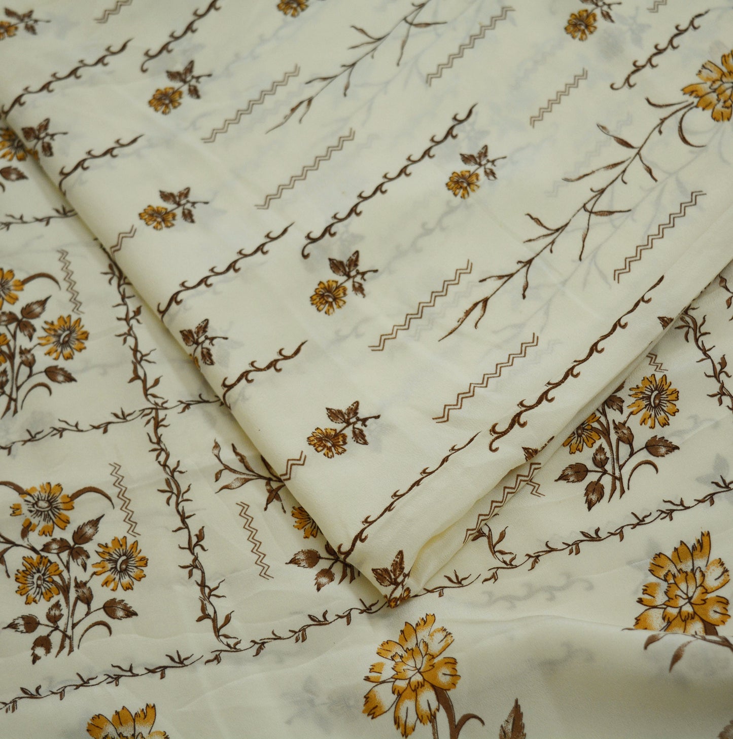 Indian Vintage Sari Ivory Pure Crepe Silk Printed Saree 6yard Sewing Floral Soft Craft Fabric Wrap