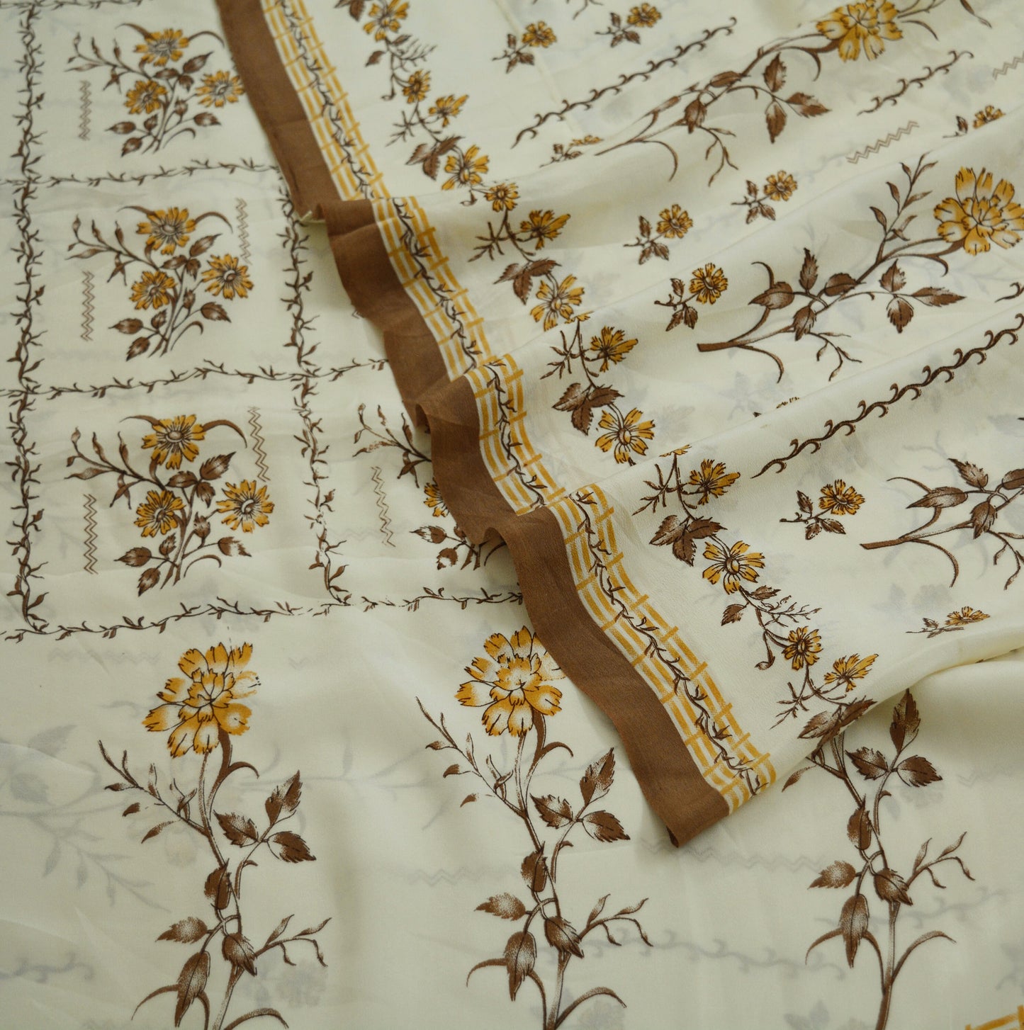 Indian Vintage Sari Ivory Pure Crepe Silk Printed Saree 6yard Sewing Floral Soft Craft Fabric Wrap