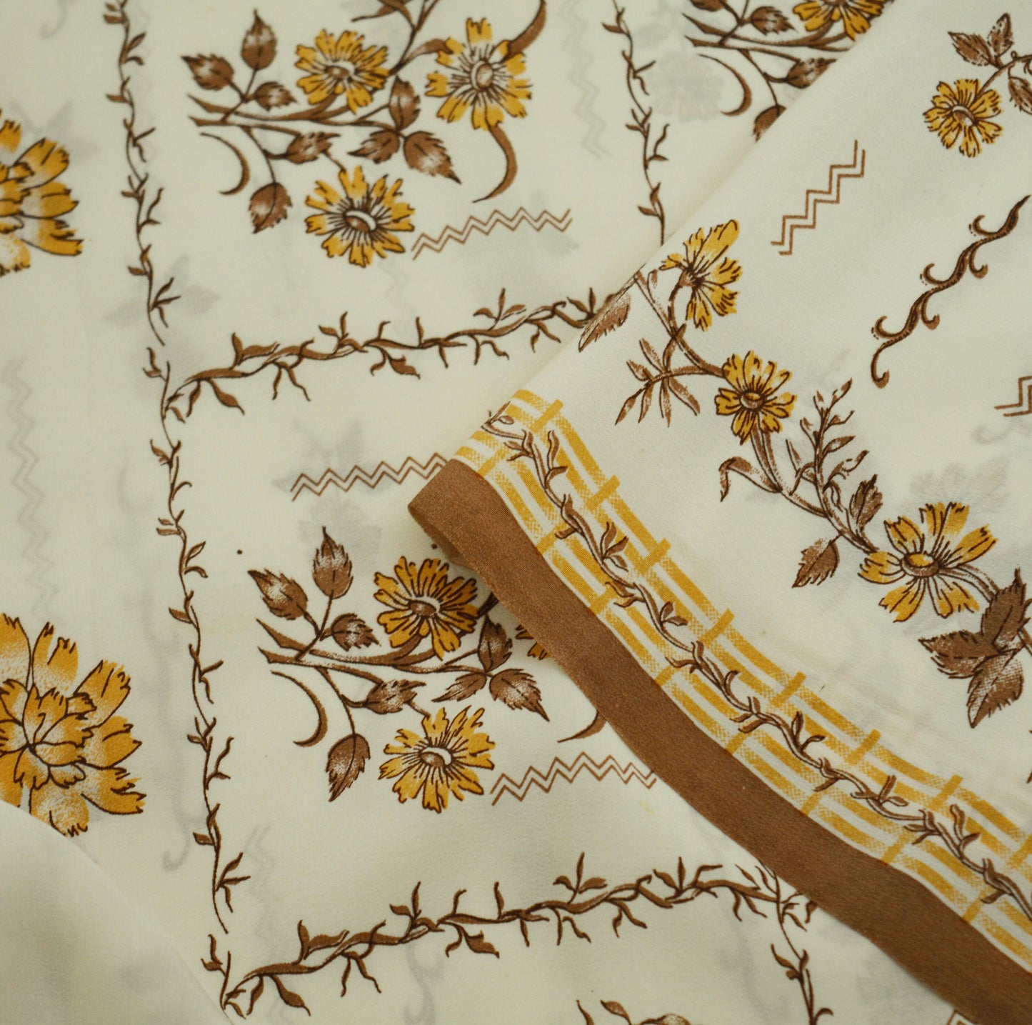 Indian Vintage Sari Ivory Pure Crepe Silk Printed Saree 6yard Sewing Floral Soft Craft Fabric Wrap