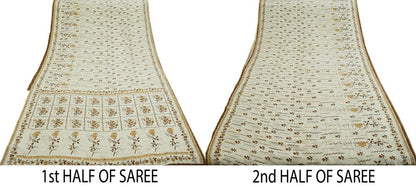 Indian Vintage Sari Ivory Pure Crepe Silk Printed Saree 6yard Sewing Floral Soft Craft Fabric Wrap