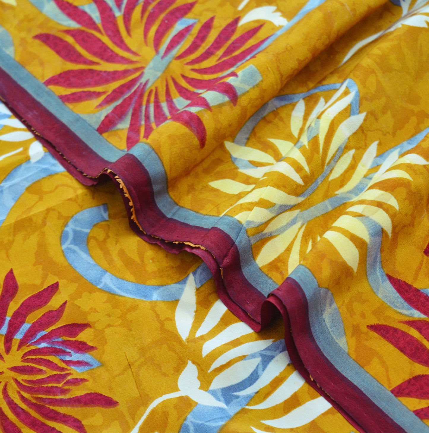 Indian Vintage Sari Mustard Pure Crepe Silk Printed Saree 5yard Sewing Floral Soft Craft Fabric Wrap