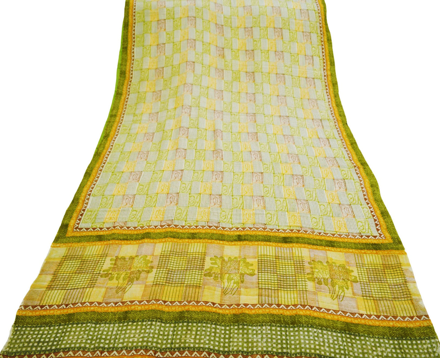 Indian Vintage Sari Ivory Pure Crepe Silk Printed Saree 5yard Sewing Abstract Soft Craft Fabric Wrap